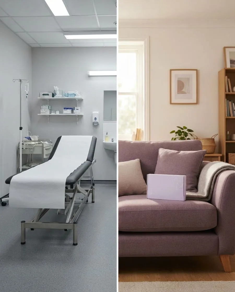 Clinic exam room vs cosy sofa with kit