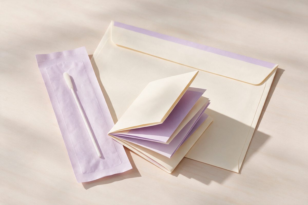 An at-home cervical screening self-collection kit with a soft swab, instruction leaflet and reply-paid envelope, posted to your door