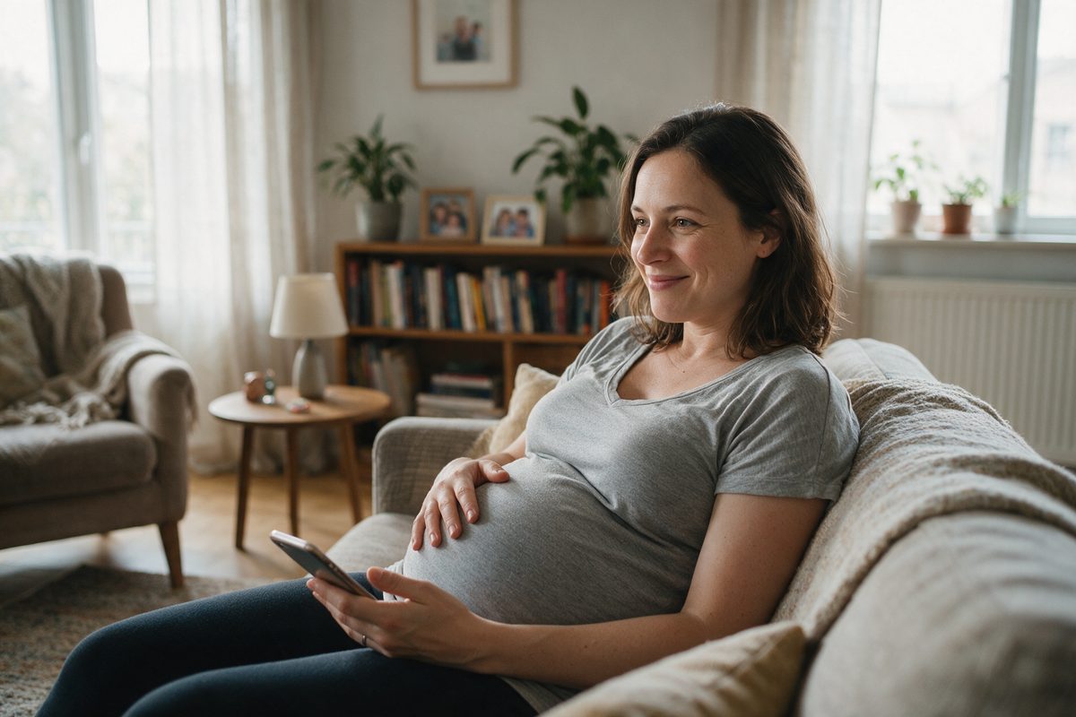 A relaxed, smiling pregnant woman sitting on her sofa at home, reflecting that cervical screening is safe to do during pregnancy