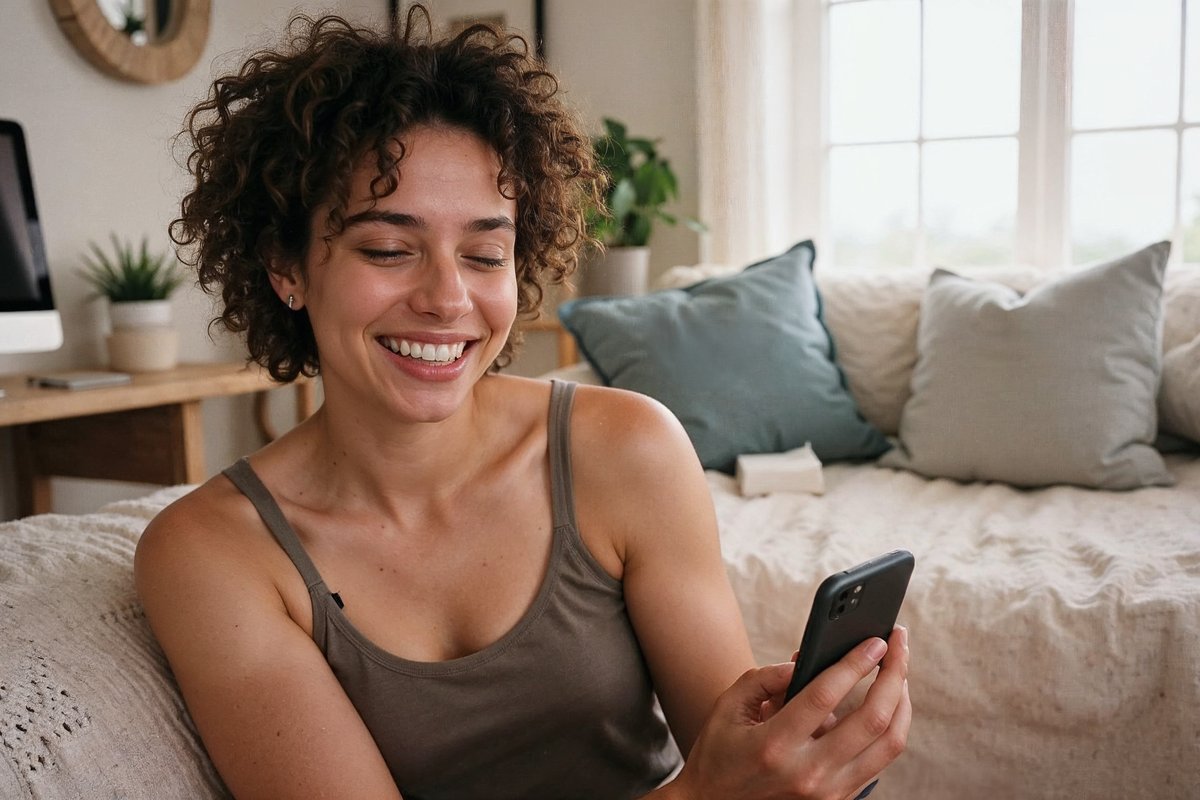 A young woman relaxes at home, smiling as she looks at her phone