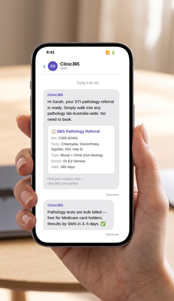 Clinic365 SMS pathology referral on a phone — walk into any lab Australia-wide